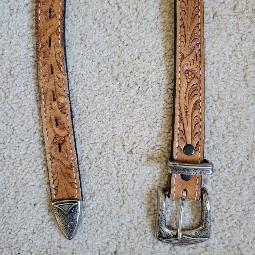 Brown/Tan Faux Leather Floral Belt